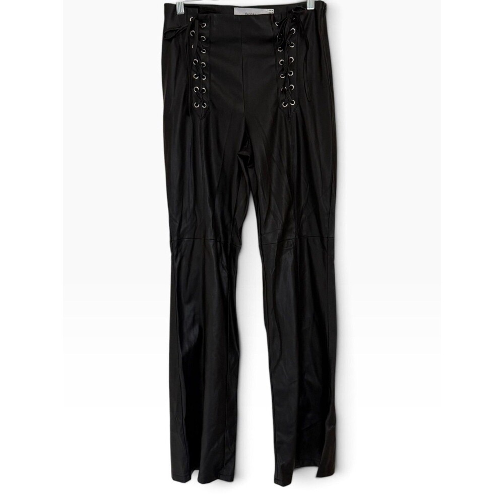 Bershka Leather Look Pants Women M Black Lace Up Wide Leg Gothic
